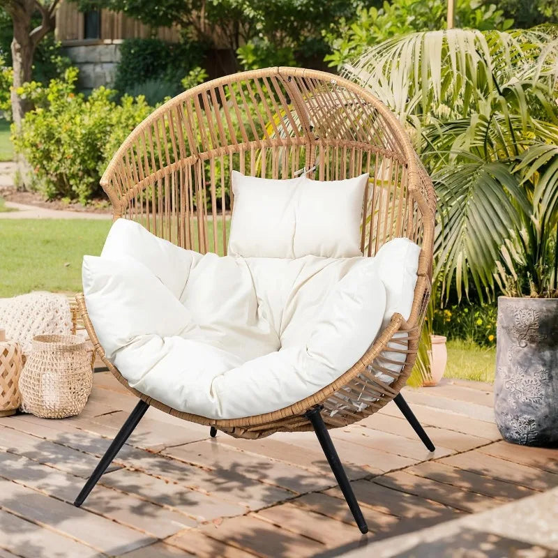 Outdoor Wicker Egg Chair PE Rattan Chair with Cushion, Oversized Patio Lounge Chair for Outdoor, Indoor, Balcony, Back