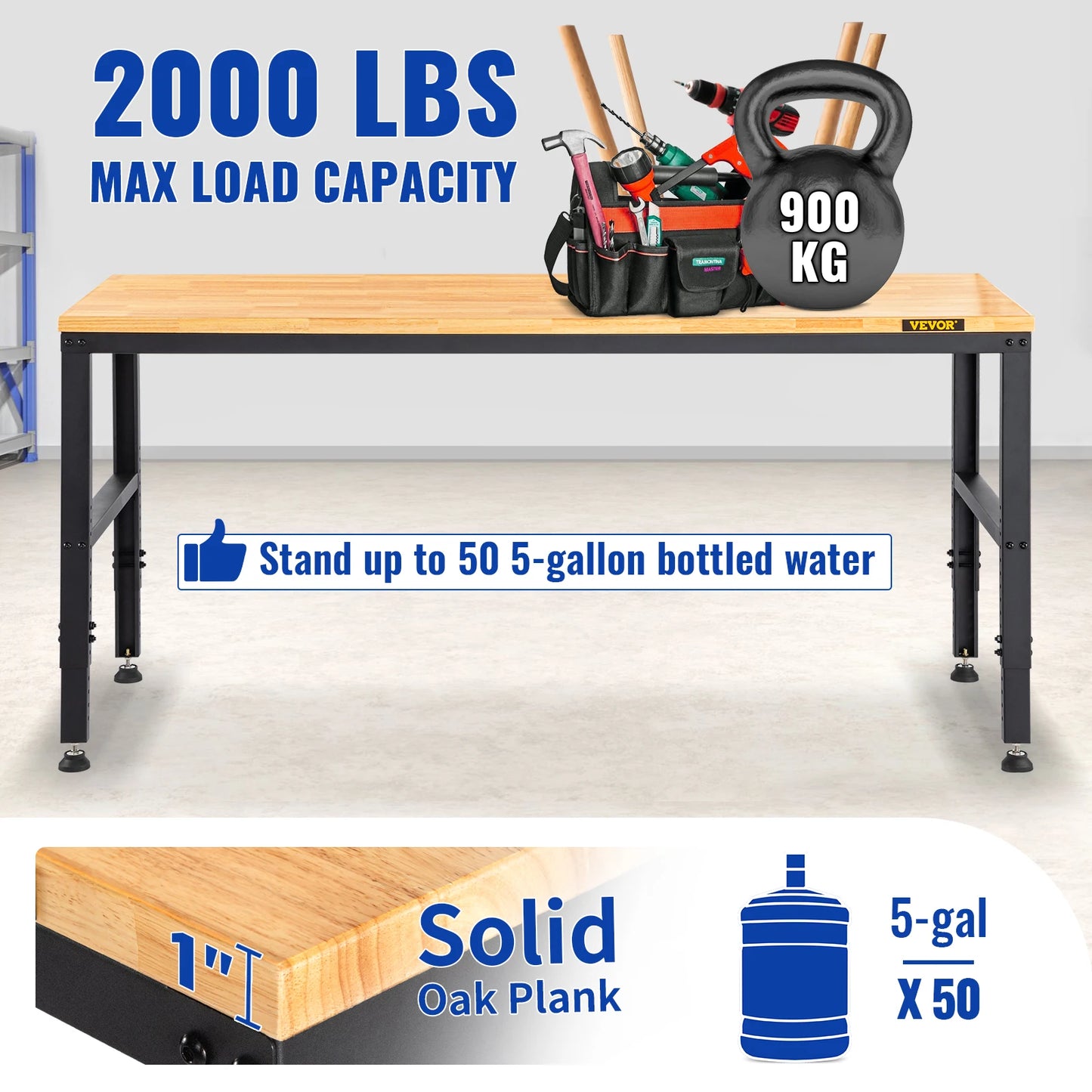 Heavy Duty Adjustable Height Woodworking Workbench With Oak Wood Top