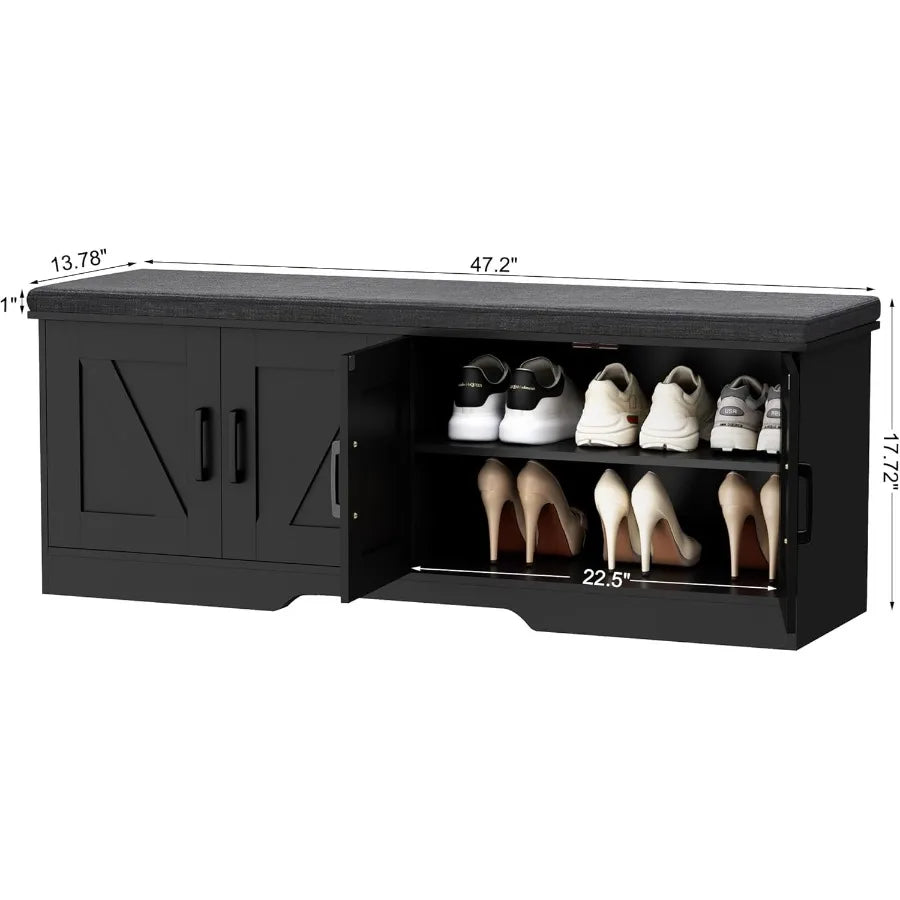 Two Tier Storage Bench With Cushioned Seat And Barn Doors
