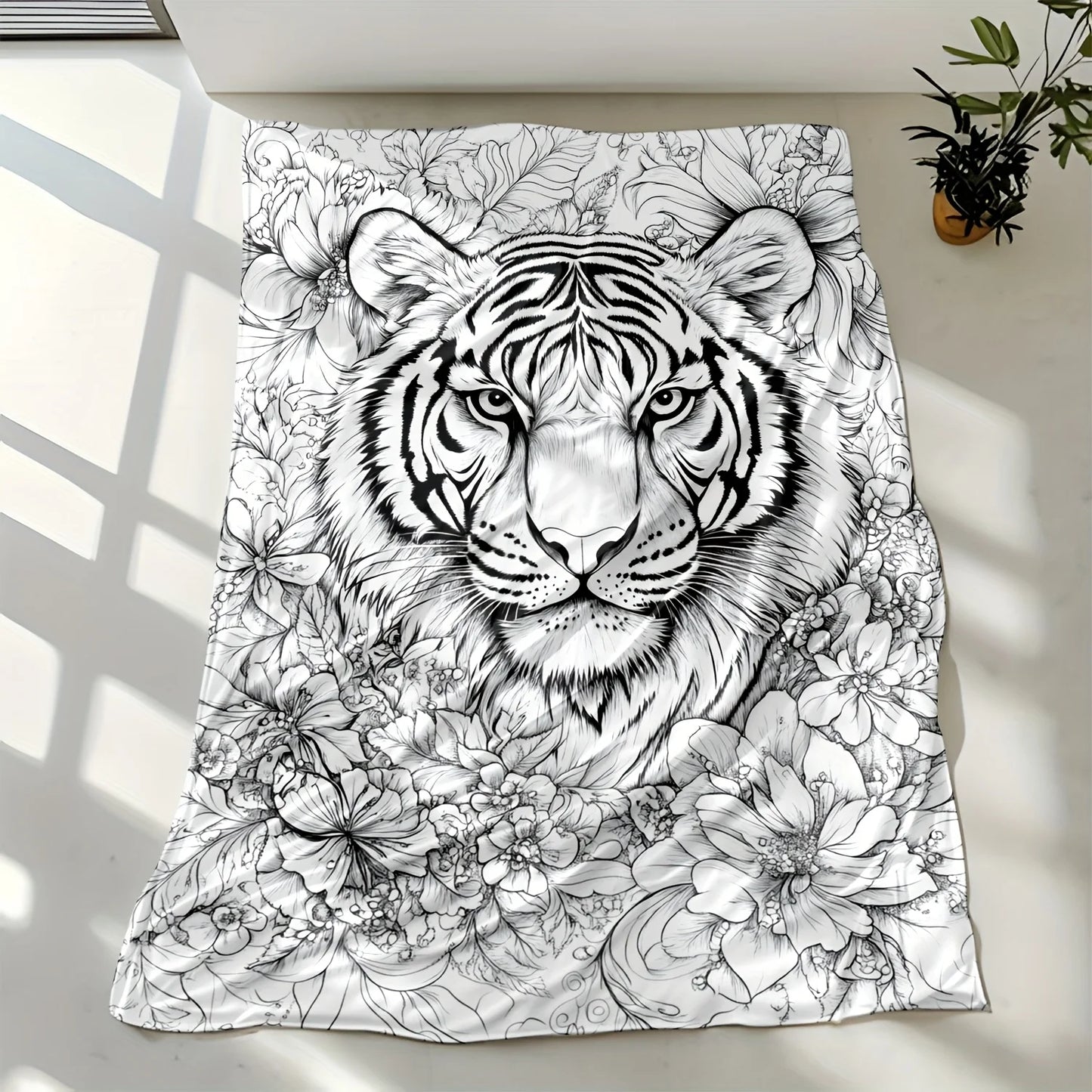 Tiger Floral Coloring Flannel Blanket All Season Bedspread Sofa