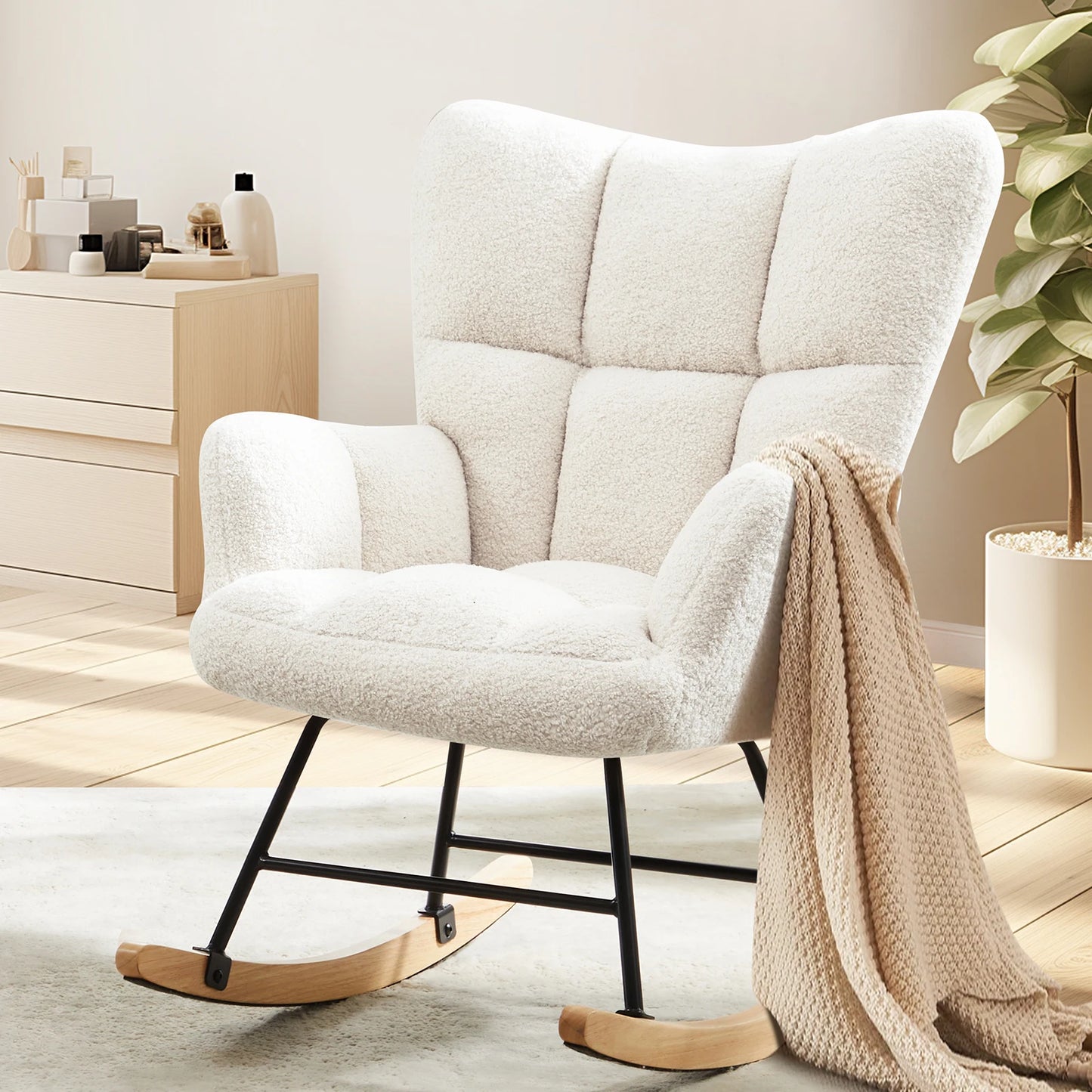 JHK Teddy Fabric Upholstered Glider With High Backrest Rocker