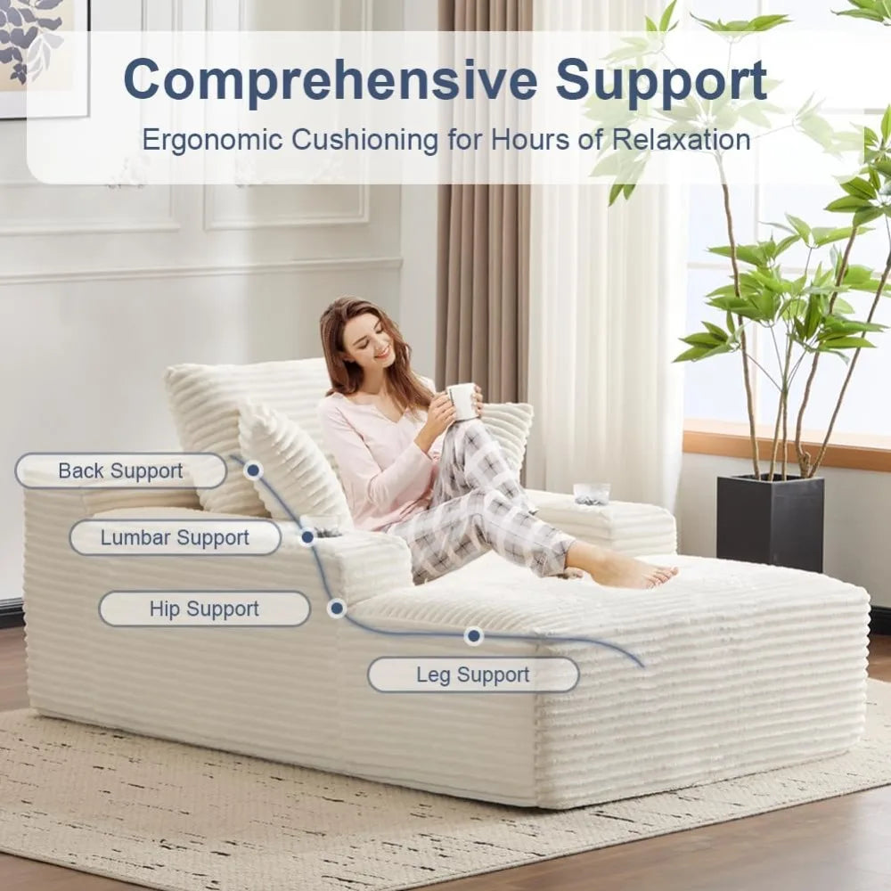 Oversized Chaise Lounge Sofa Chair Indoor, Modern Corduroy Single Sleeper Couch Chair with 3 Soft Pillows and Cup Holder