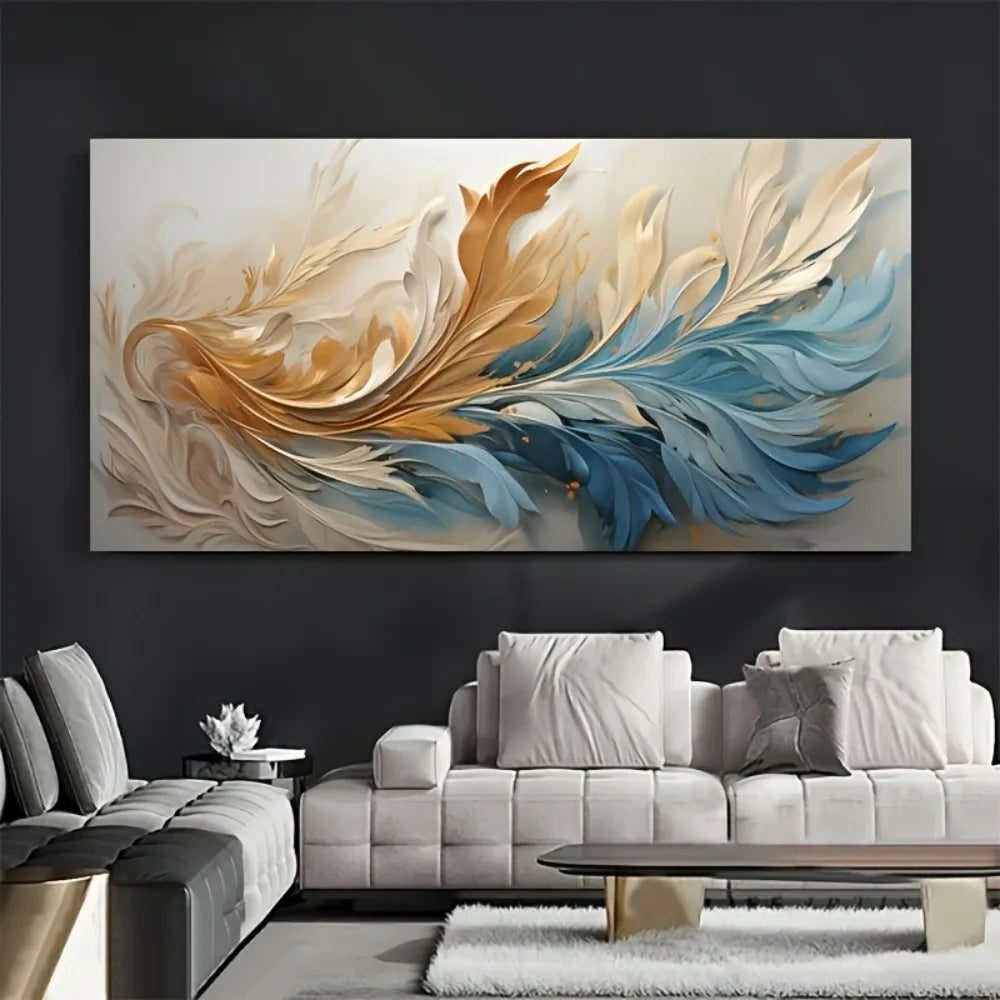 Modern Abstract Gold Feather Canvas Art With Pine Wood Frame