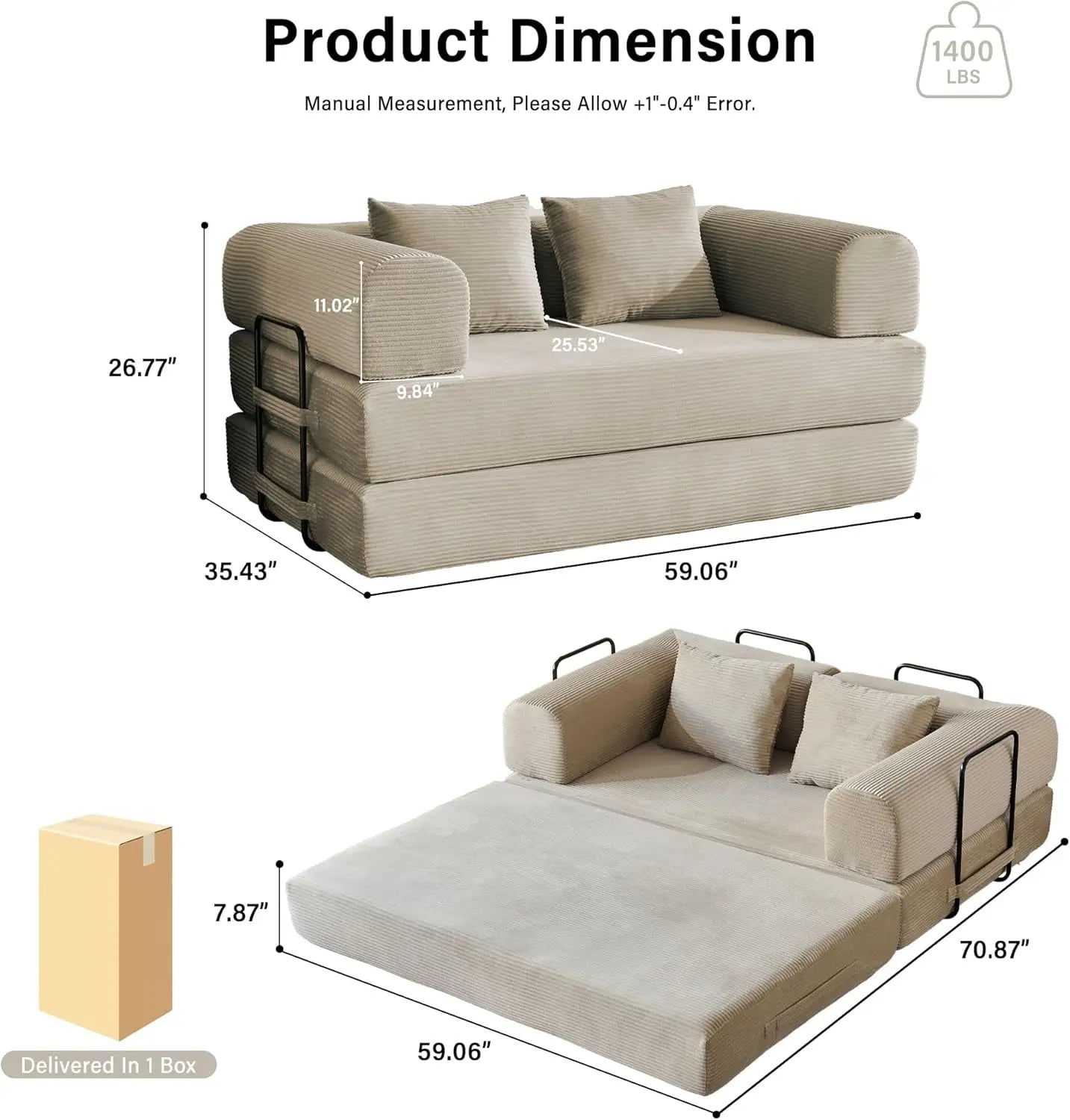 YQXHCN Folding Convertible Sofa Bed Corduroy Futon With Pull Out Sleeper
