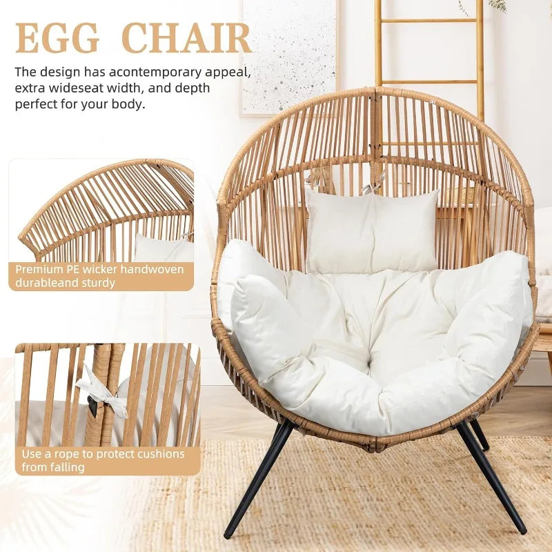 Outdoor Wicker Egg Chair PE Rattan Chair with Cushion, Oversized Patio Lounge Chair for Outdoor, Indoor, Balcony, Back