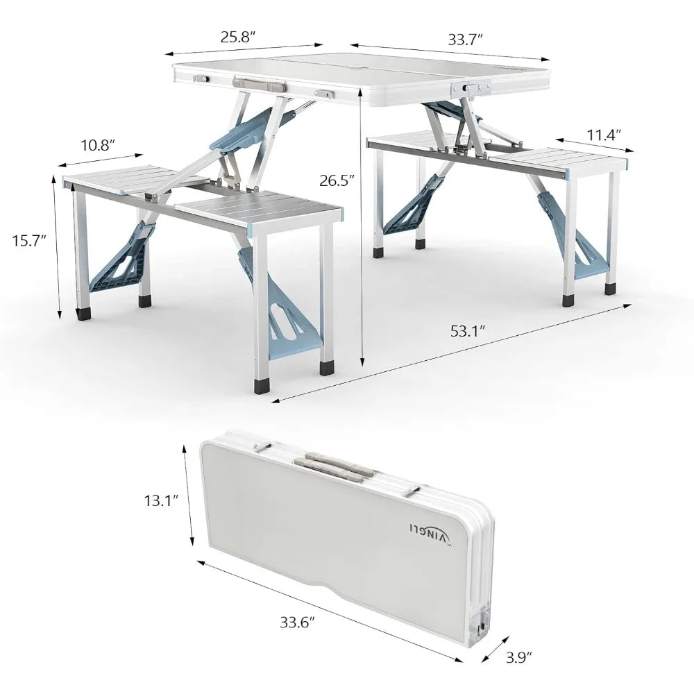 4Ft Folding Camping Picnic Table with Seats/Umbrella Hole-265 Lbs Support That Lightweight and Fold Up Card Suitcase Table Alum