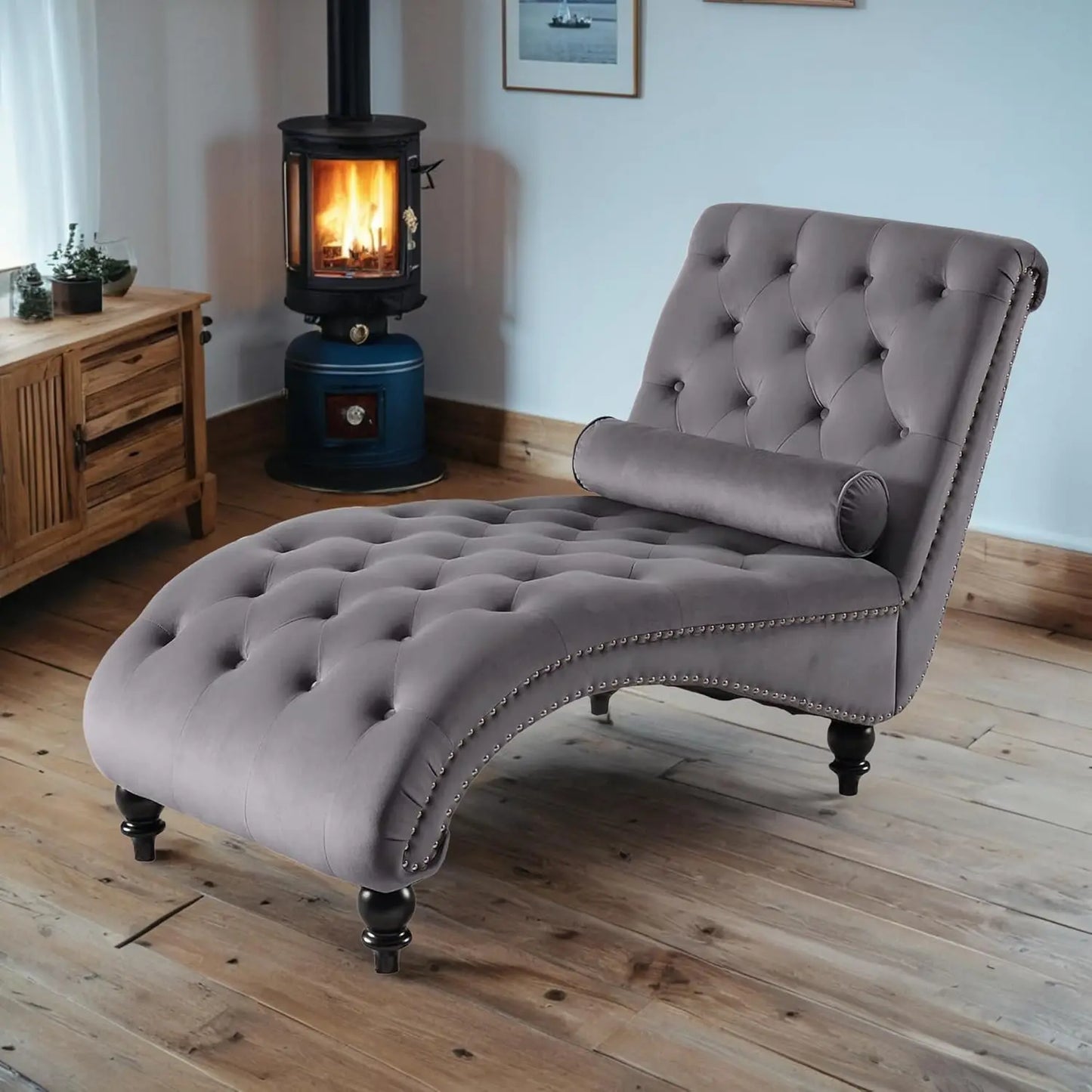 Armless Velvet Chaise Lounge Chair With Pillow Button Tufted