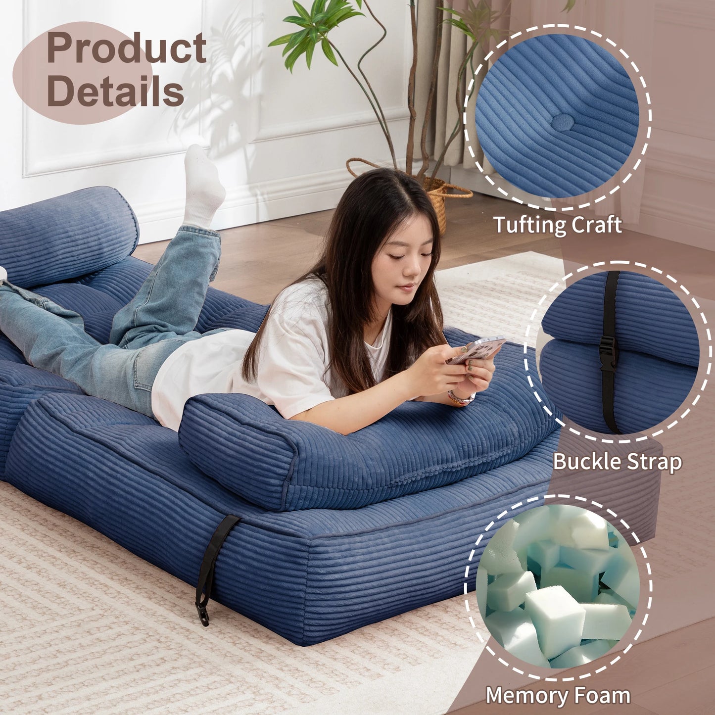 KORSER Convertible Floor Couch for Adult with Pillow Folding Sofa Bed  Comfort Floor Sofa Portable Sleeper Chair for Living Room