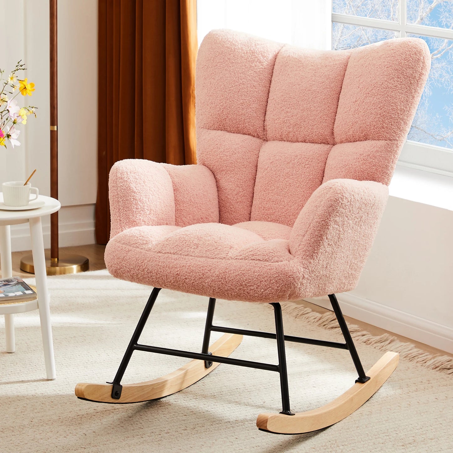 JHK Teddy Fabric Upholstered Glider With High Backrest Rocker