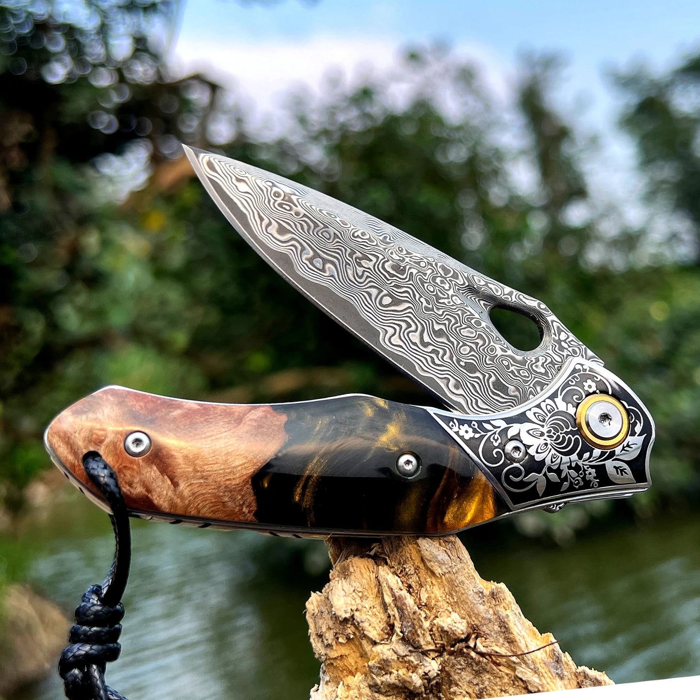 NONEDIY Damascus Steel Pocket Knife With Wood Handle