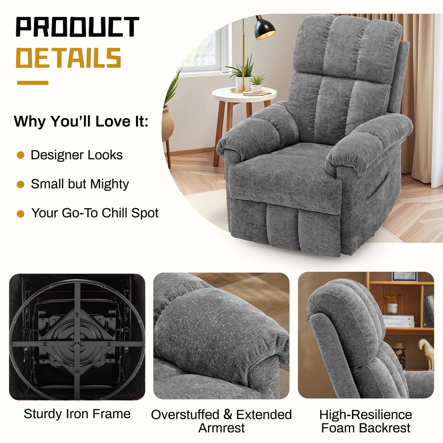 KORSER Chenille Swivel Rocker Recliner Chair With Side Pockets