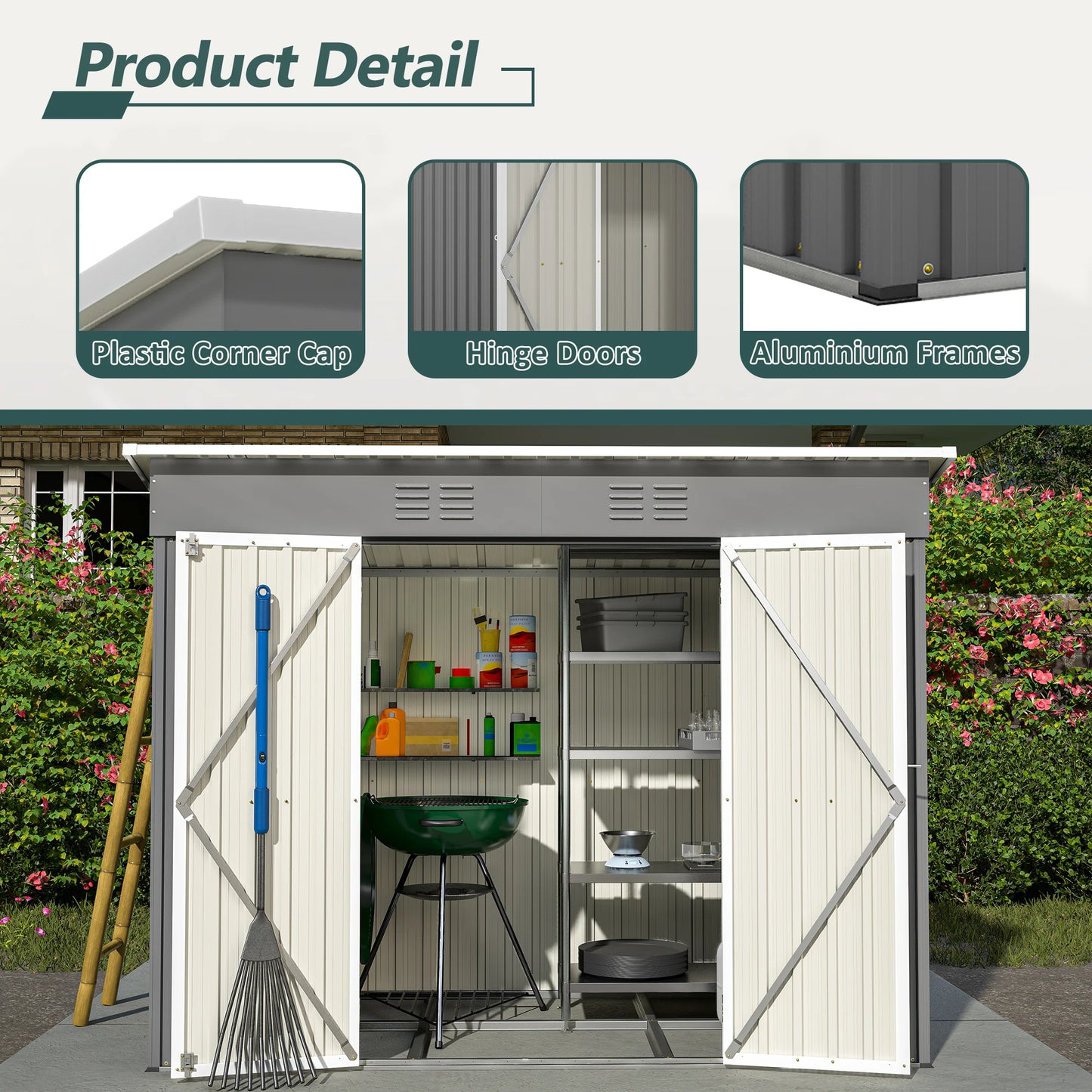 LZBEITEM Metal Outdoor Storage Shed Lean To With Lockable Door