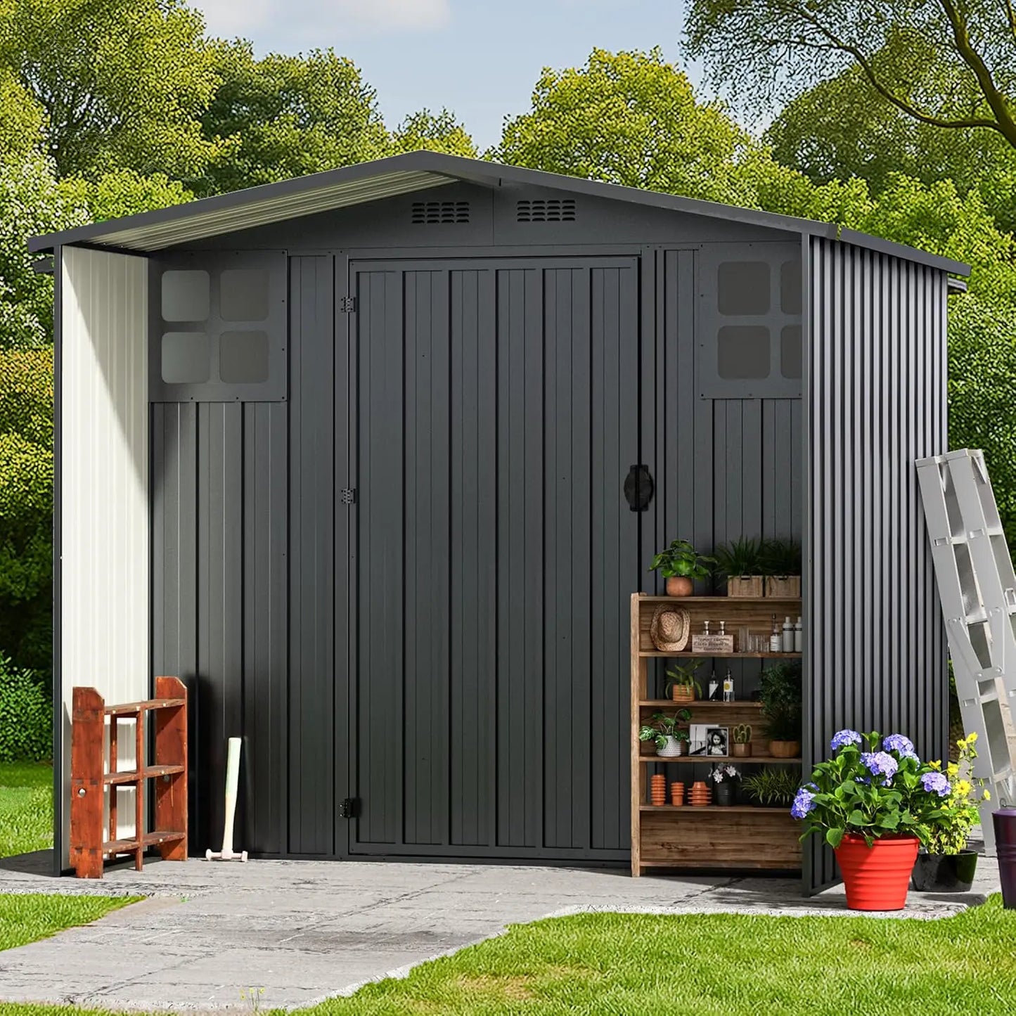 6x6FT Metal Outdoor Storage Shed with Windows Lockable Waterproof Garden Tool Lawn Mower Backyard Patio No Floor, Customized