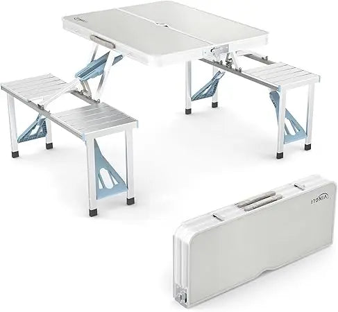 4Ft Folding Camping Picnic Table with Seats/Umbrella Hole-265 Lbs Support That Lightweight and Fold Up Card Suitcase Table Alum