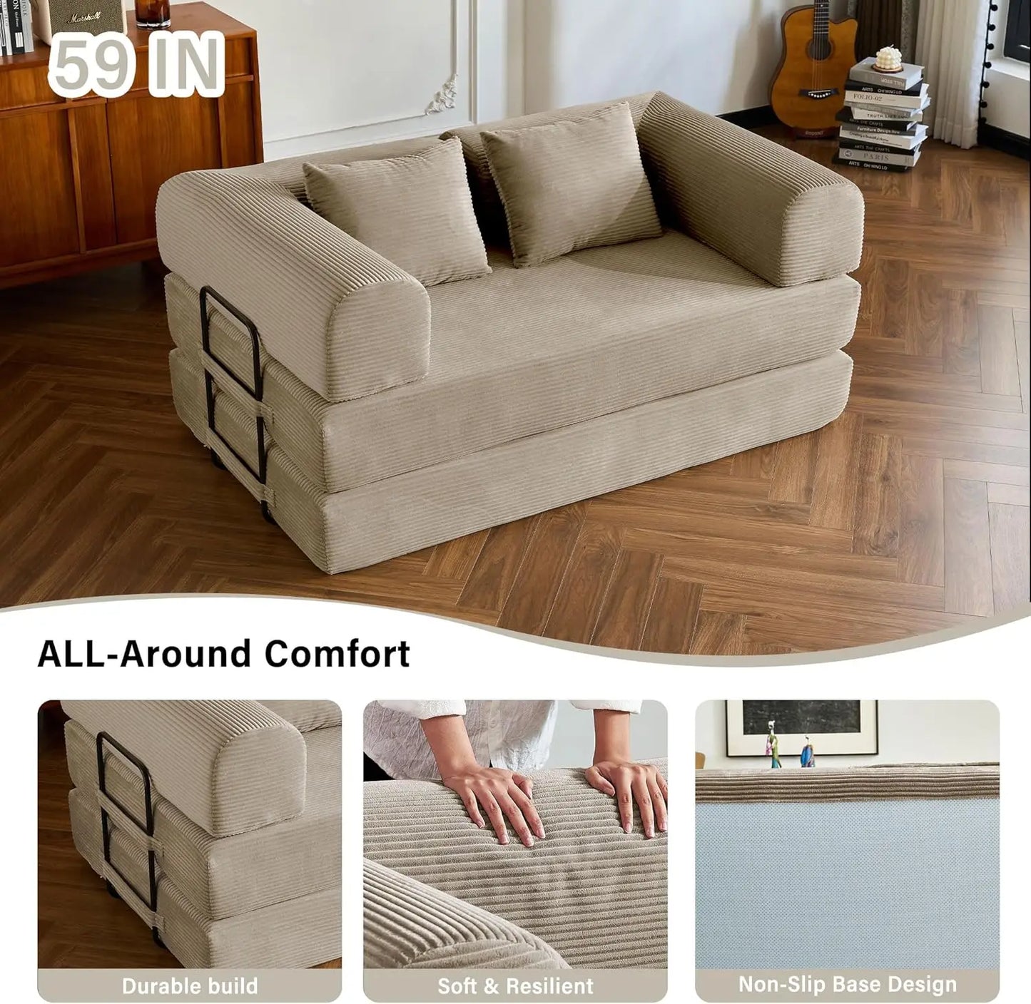 YQXHCN Folding Convertible Sofa Bed Corduroy Futon With Pull Out Sleeper