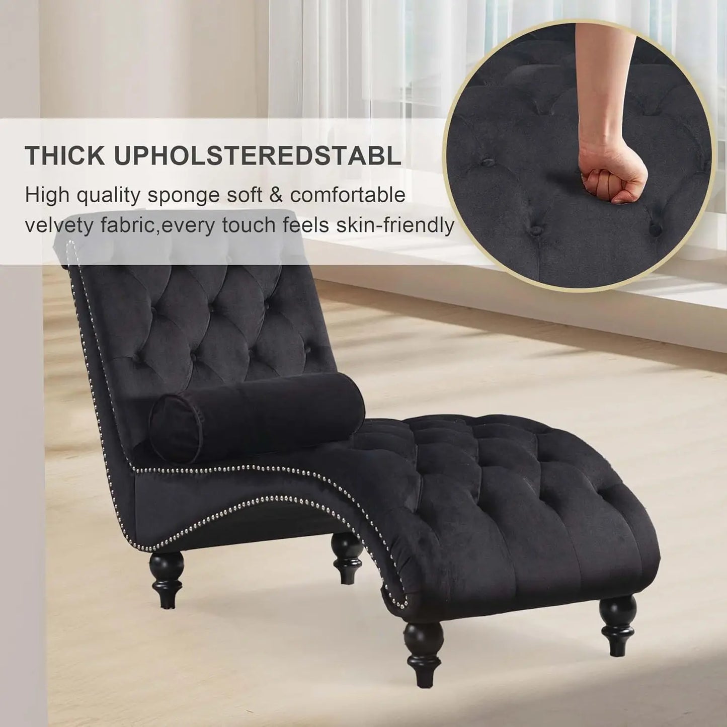 Armless Velvet Chaise Lounge Chair With Pillow Button Tufted