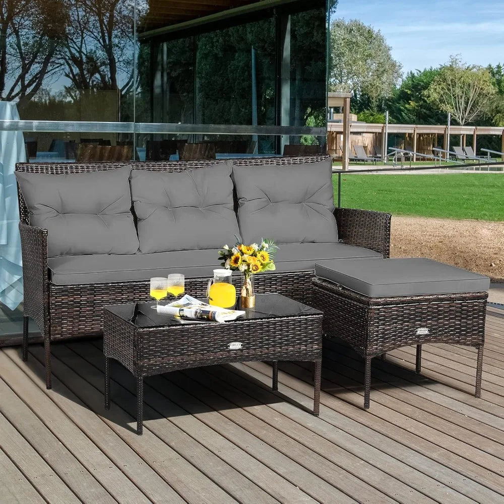 Outdoor Rattan Conversation Set With Tempered Glass Coffee Table