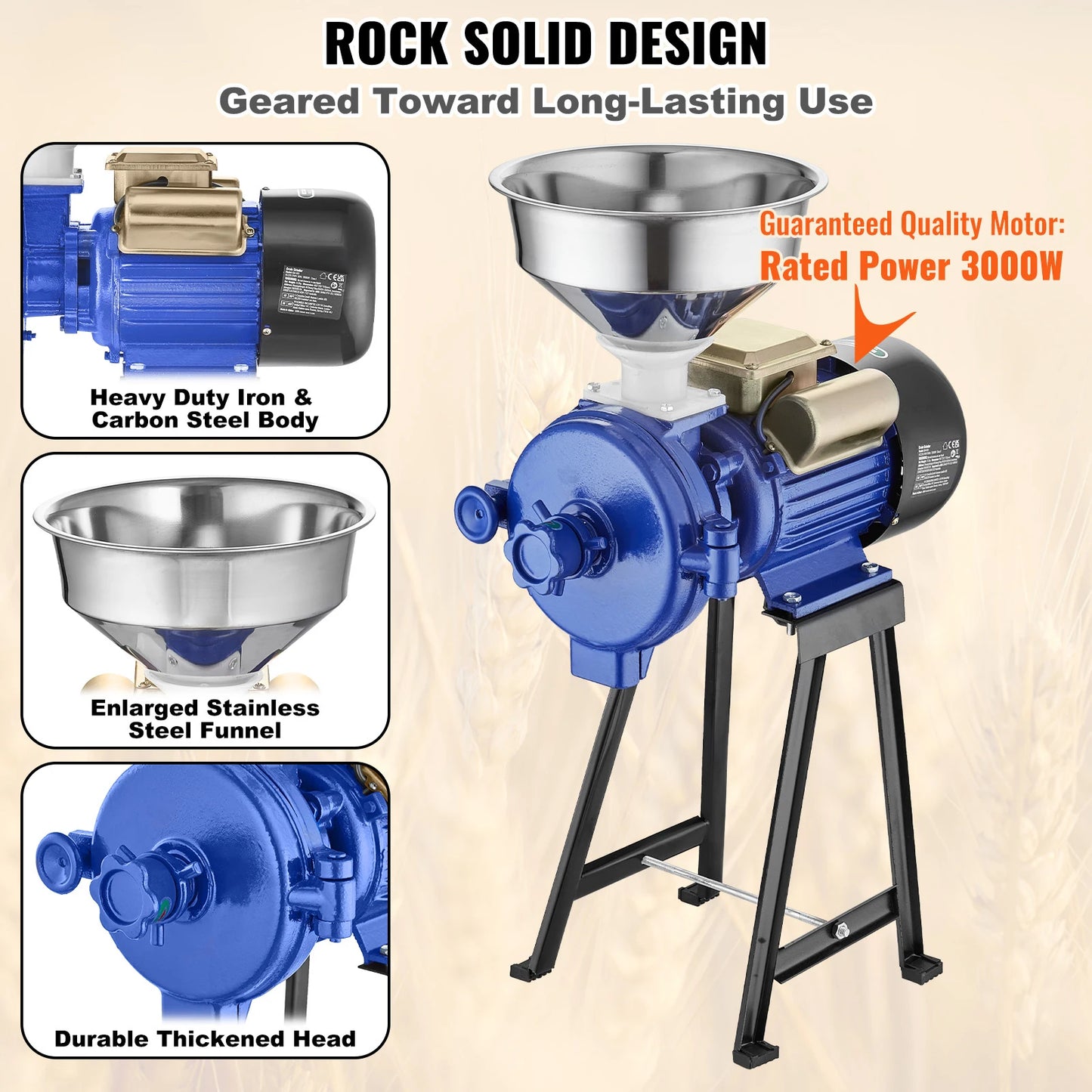 SucceBuy Electric Grain Mill Grinder 3000W Spice Grinders, Commercial Corn Mill with Funnel Cereal  Wheat Grinders Dry Grinder
