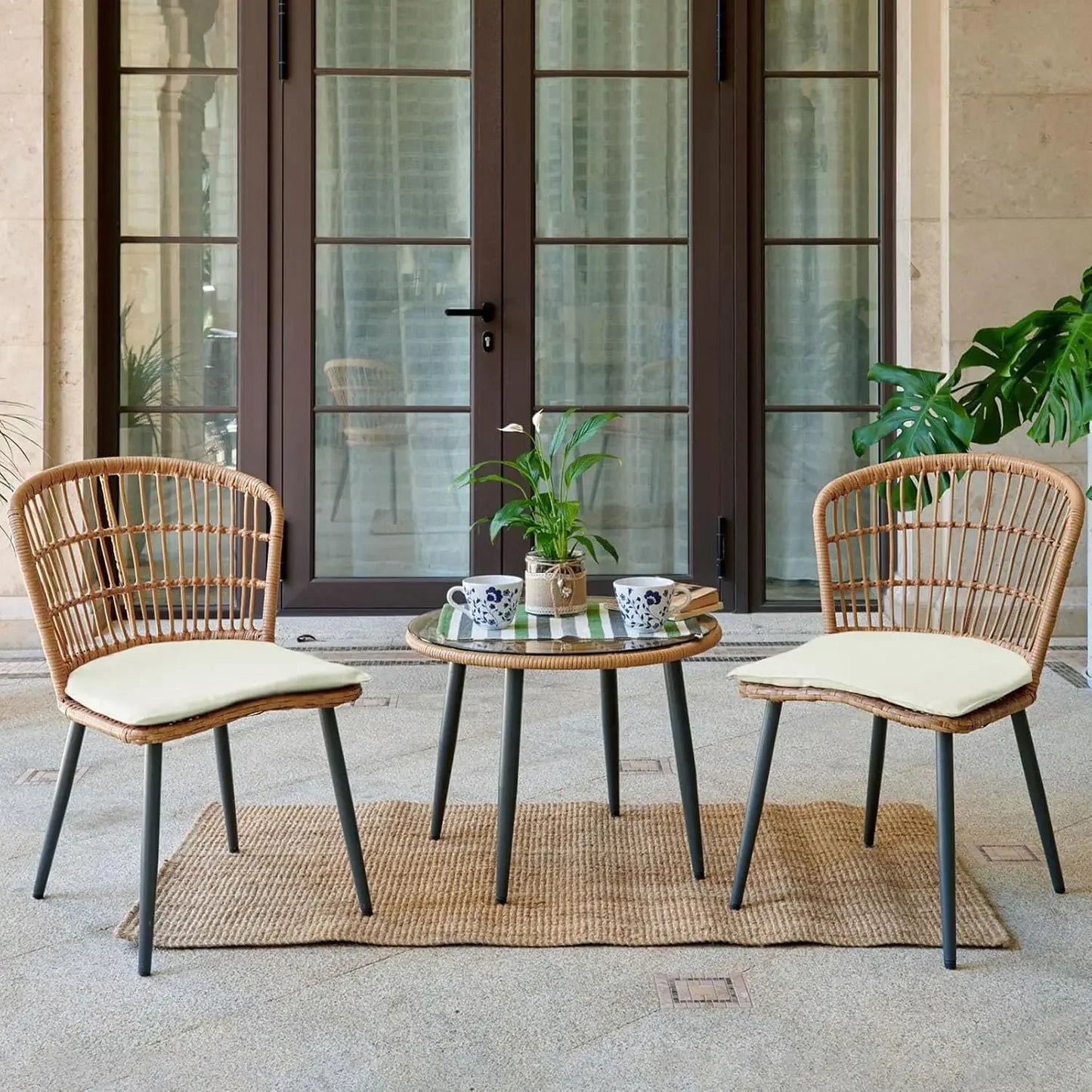 Outdoor Wicker Bistro Set With Glass Table And Two Chairs