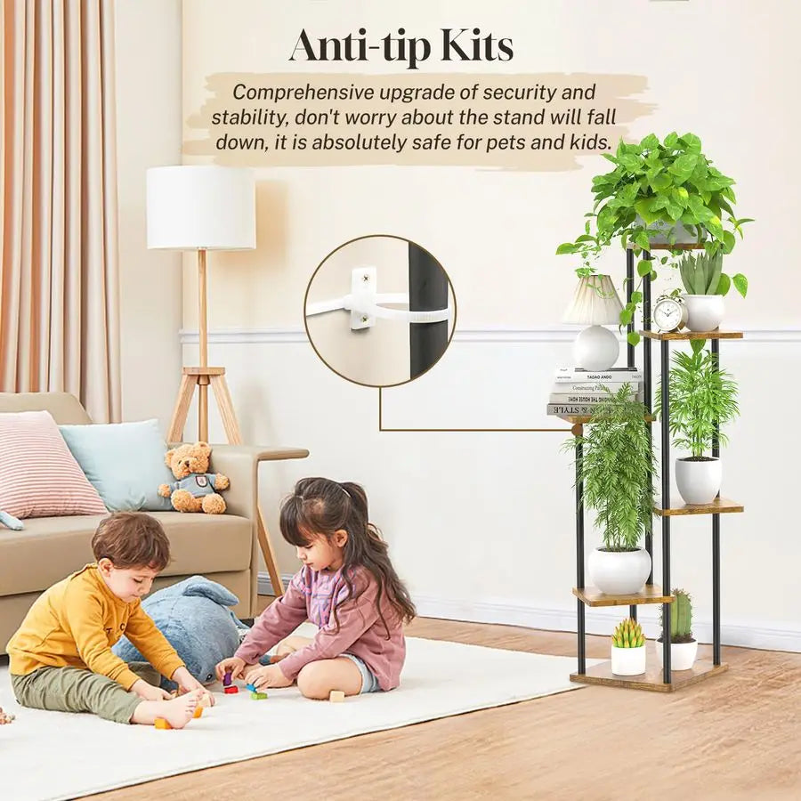 6 Tier Indoor Plant Stand Wood And Metal Shelf Organizer For Narrow Corner