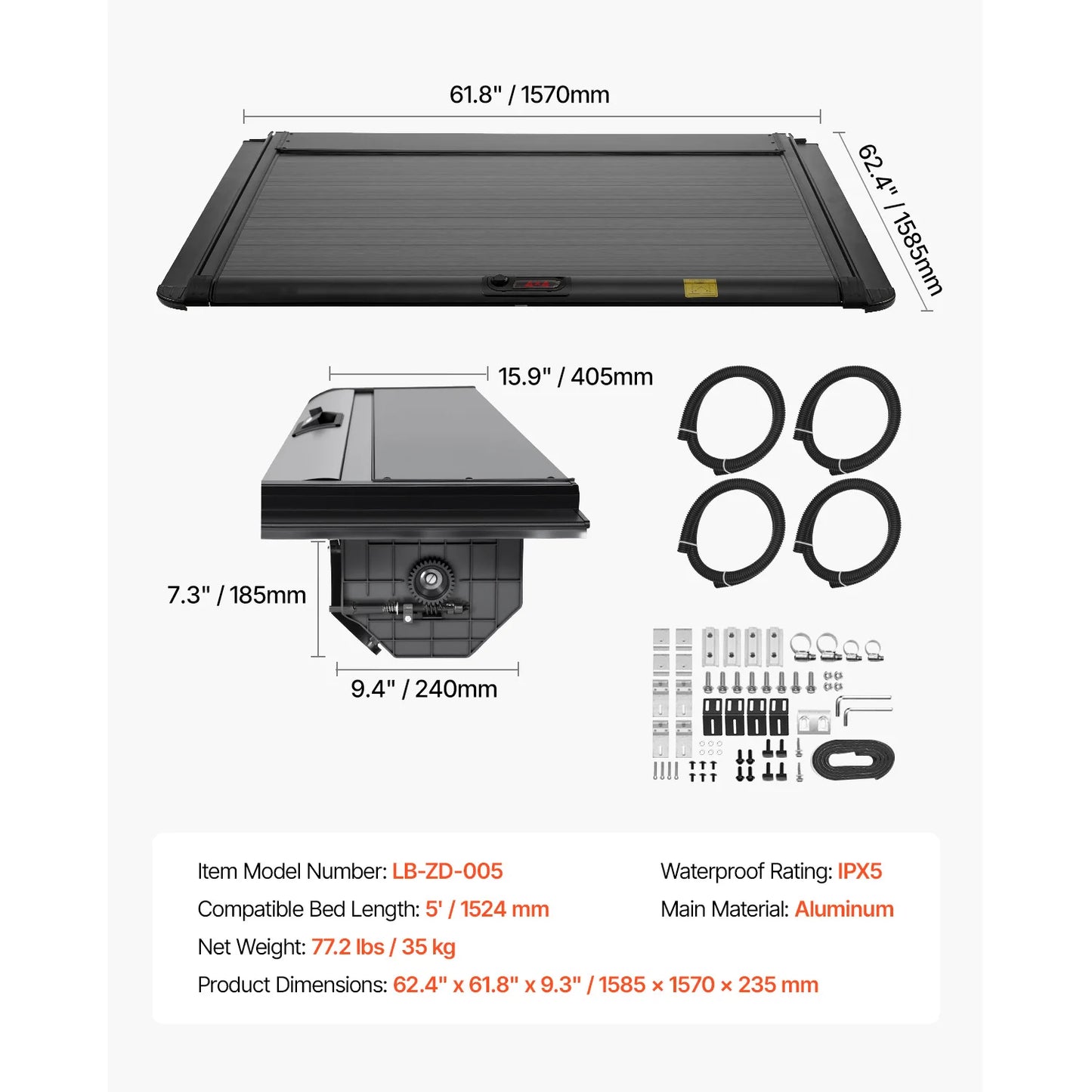 Retractable Tonneau Cover for Ford F150 Crew Cab Aluminum