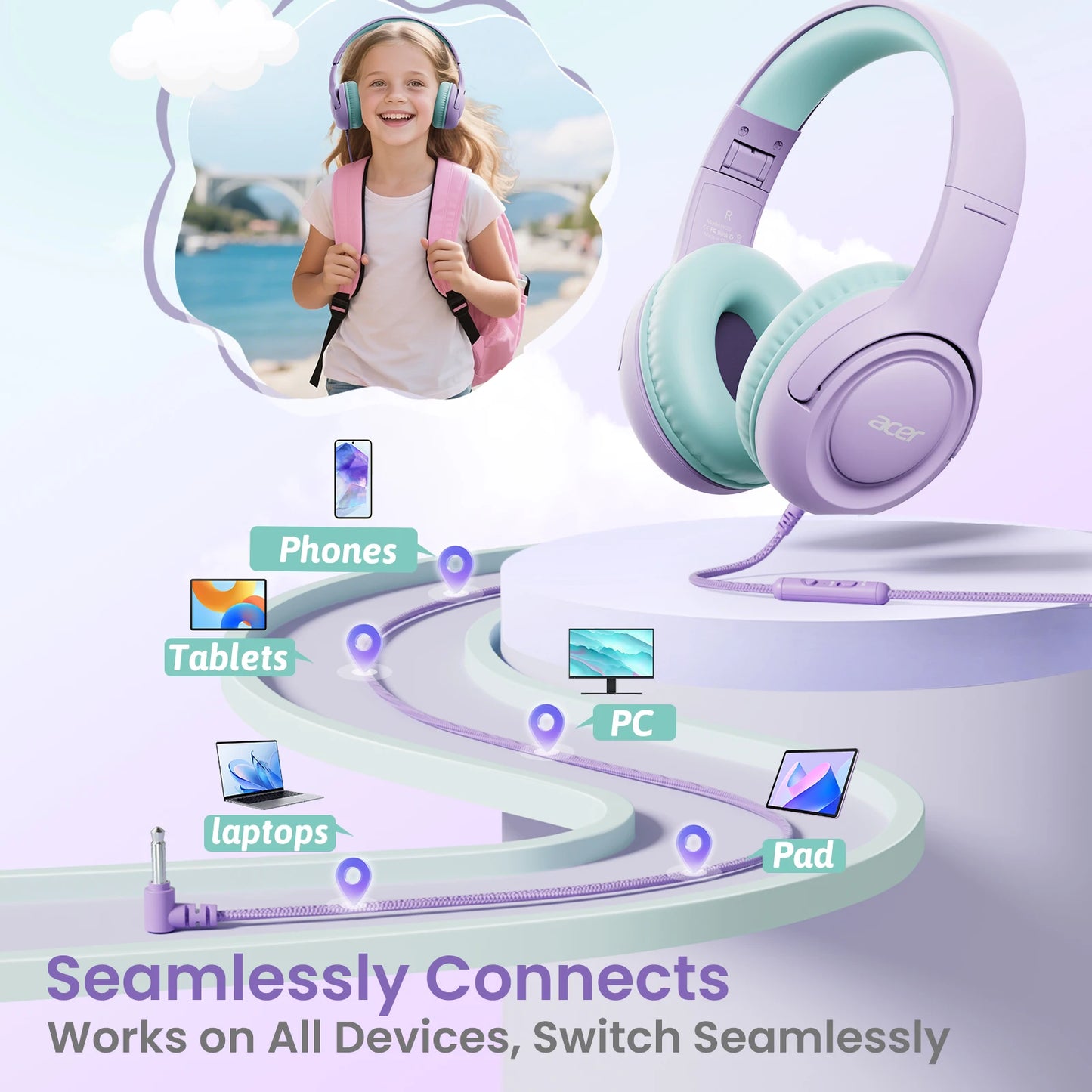 Acer Kids Wired Headphones With Volume Limiter For School