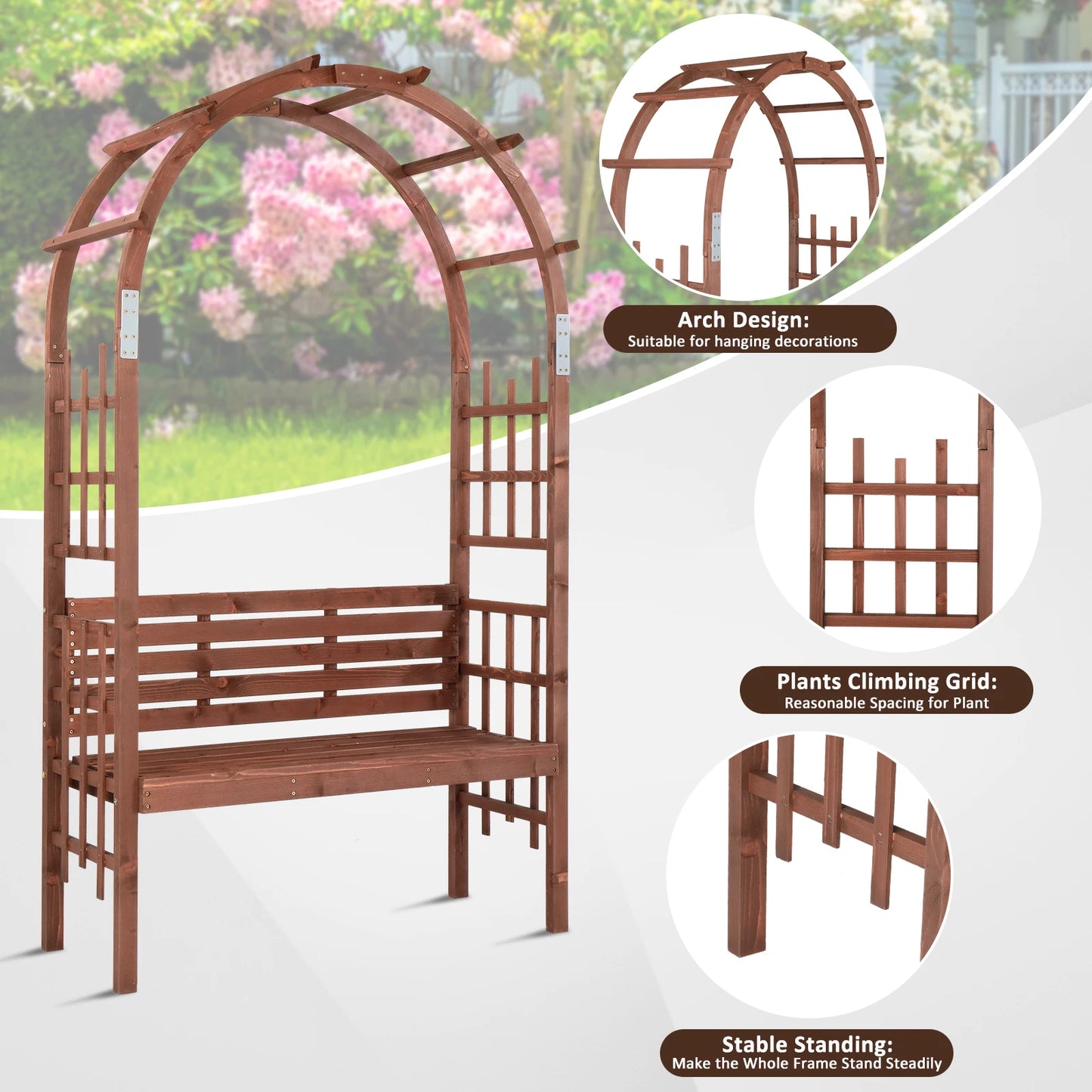 Wooden Garden Arch With Bench For Climbing Plants Outdoor Decor