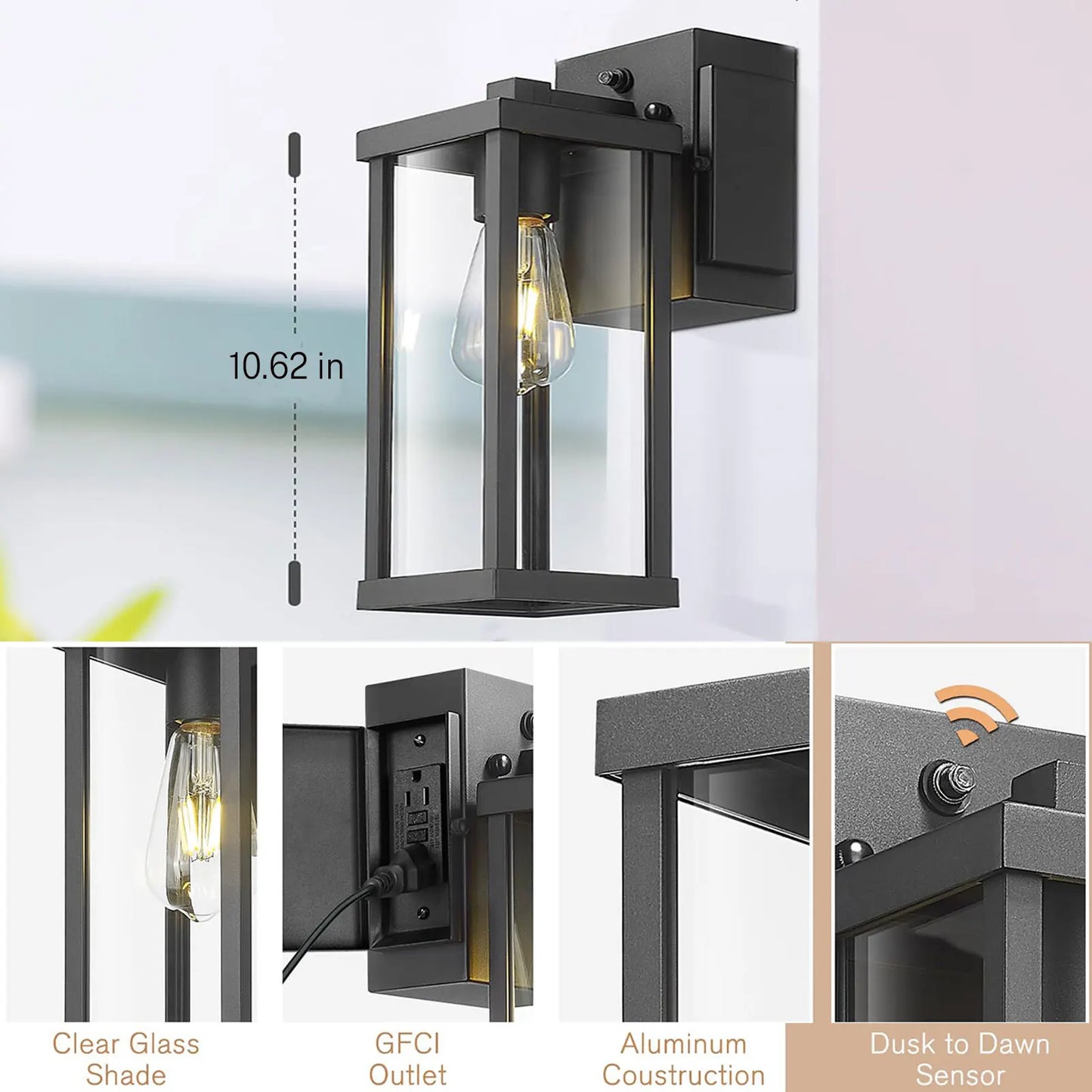 Dusk To Dawn Porch Light With GFCI Outlet Wall Mount