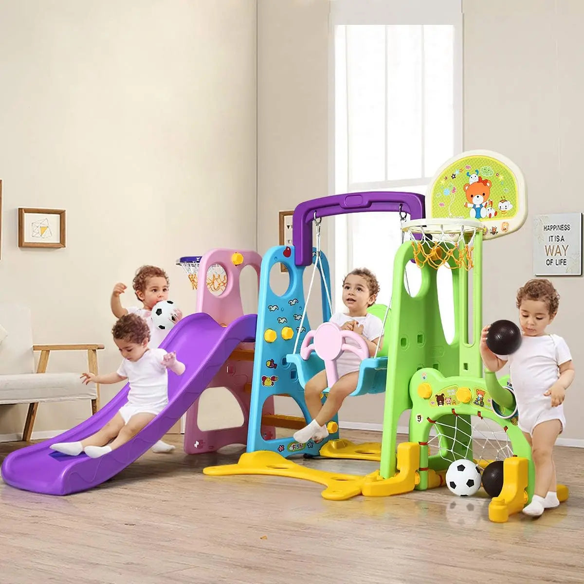 Six-in-One Kids Climber Slide Swing Set With Basketball Hoop
