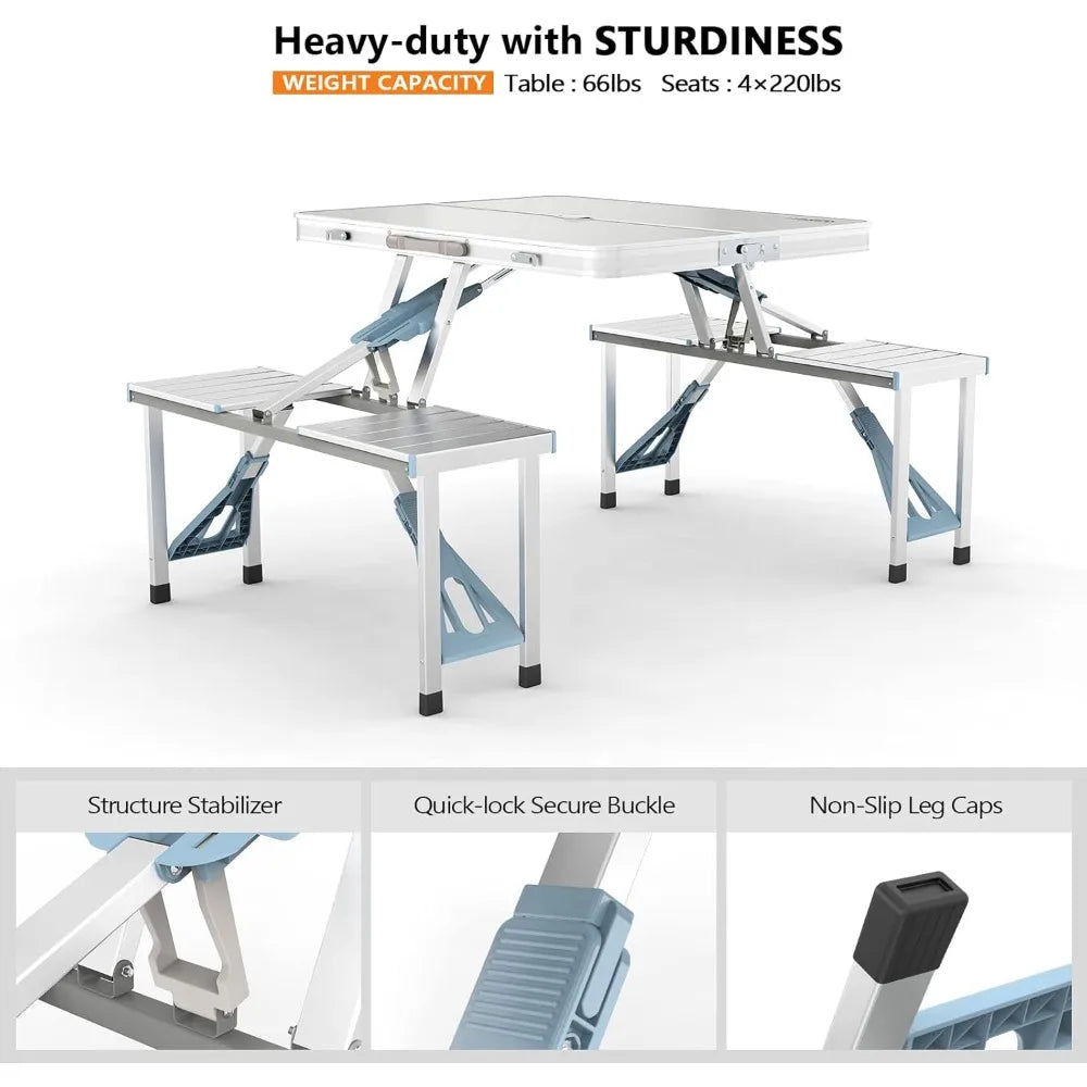 4Ft Folding Camping Picnic Table with Seats/Umbrella Hole-265 Lbs Support That Lightweight and Fold Up Card Suitcase Table Alum