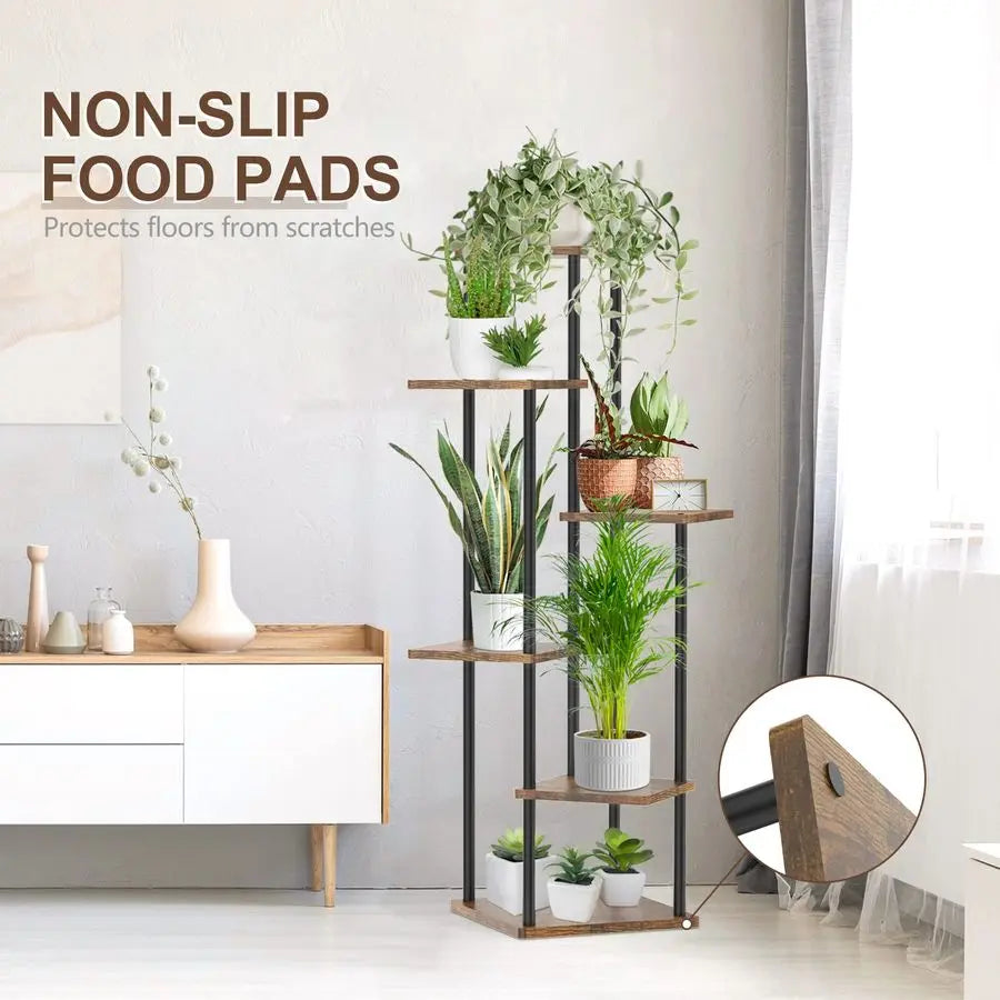 6 Tier Indoor Plant Stand Wood And Metal Shelf Organizer For Narrow Corner