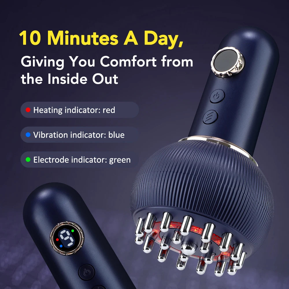 3-in-1 Meridian Brush Massager with Infrared Light Hot Compress 9-Level Vibration 21 Steel Brush Head Timer Home Office Travel