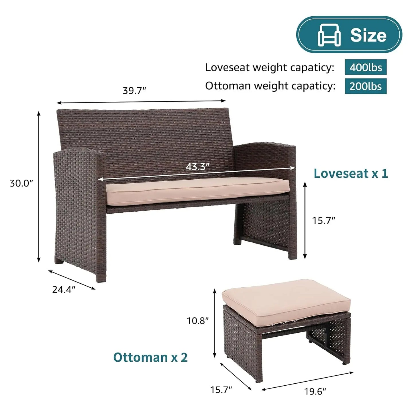 Outdoor 3 Piece Patio Conversation Set Wicker Loveseat Ottoman
