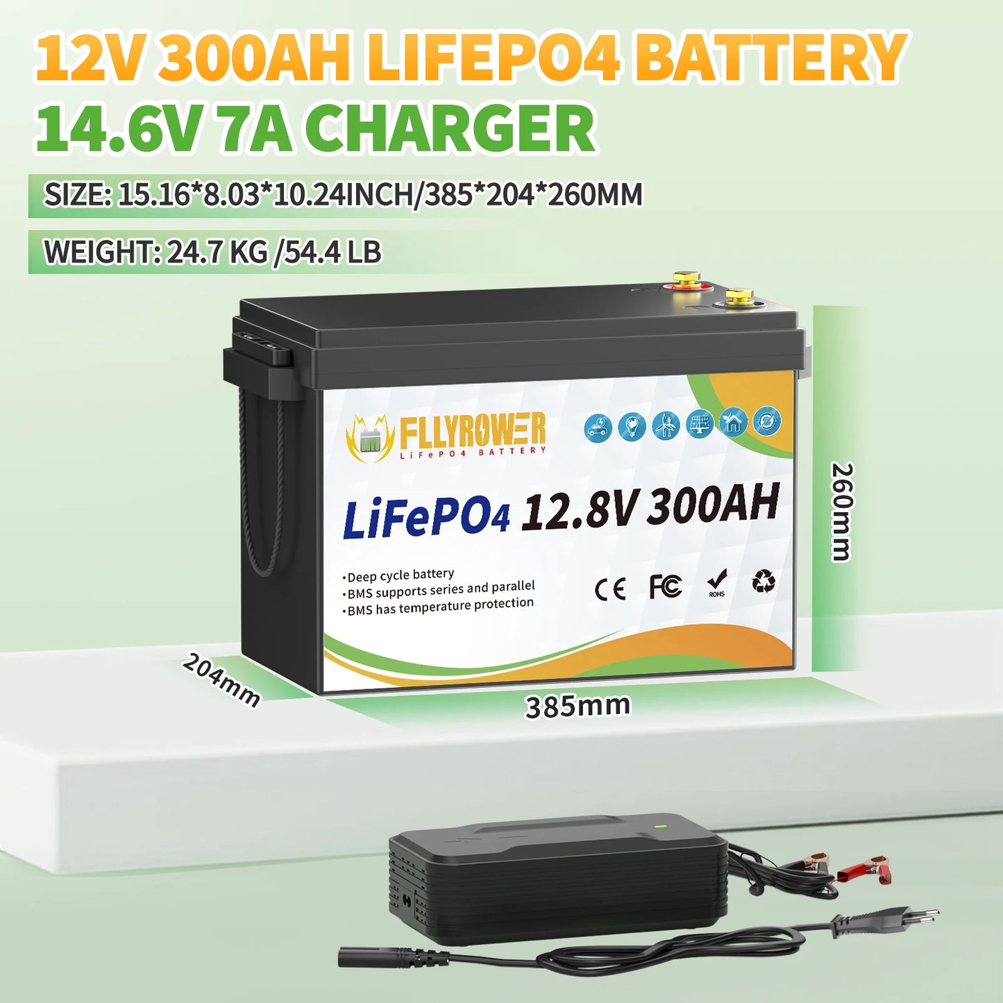 FLLYROWER 12V 300Ah LiFePO4 Battery Pack With 200A BMS For Off Grid RV Boat