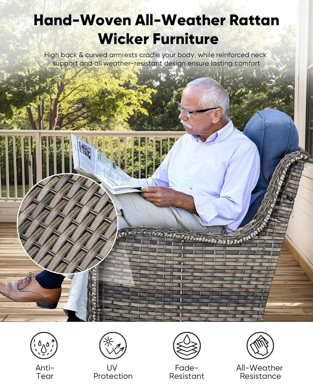 Wicker Outdoor Patio Furniture Set With Deep Seat Swivel Chairs
