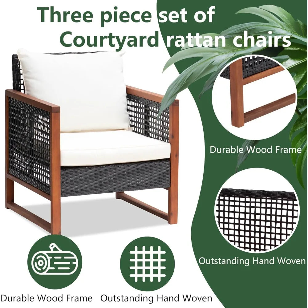 Outdoor Rattan Bistro Set With Acacia Wood Frame And Cushions