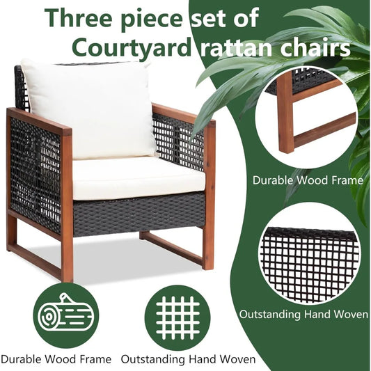 Outdoor Rattan Bistro Set With Acacia Wood Frame And Cushions