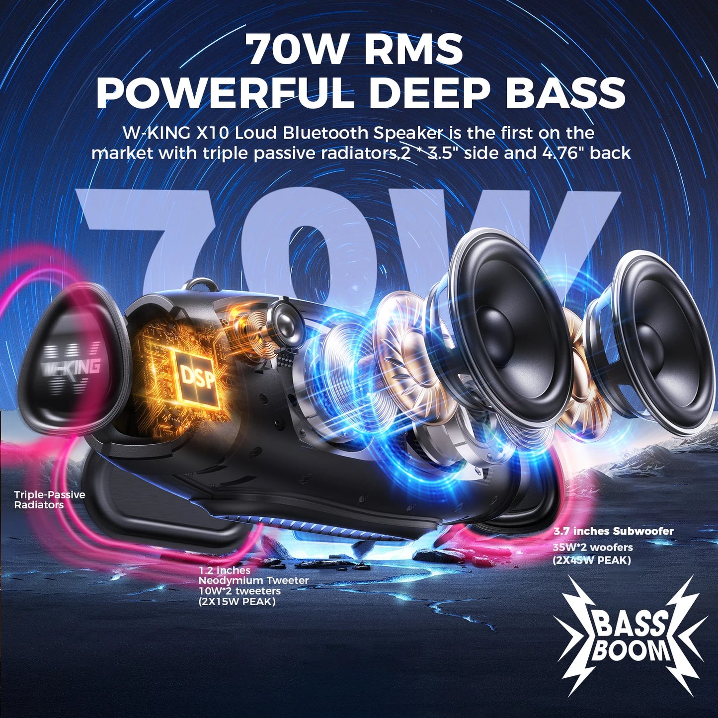 W-King 120W Peak Portable Bluetooth Speaker With Wireless Microphone