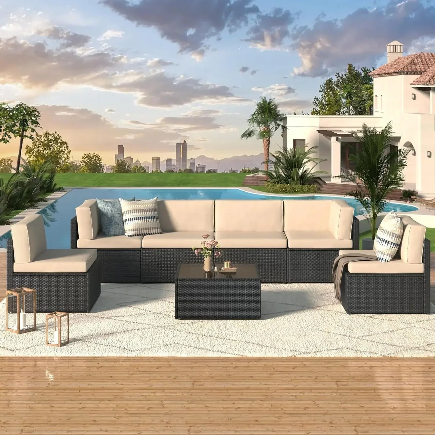 Outdoor PE Rattan Wicker Sectional Patio Furniture Set With Cushions