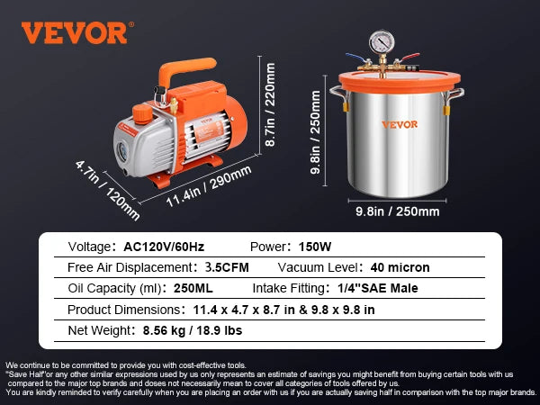 VEVOR Vacuum Chamber Pump Kit for Degassing and Stabilizing Epoxies