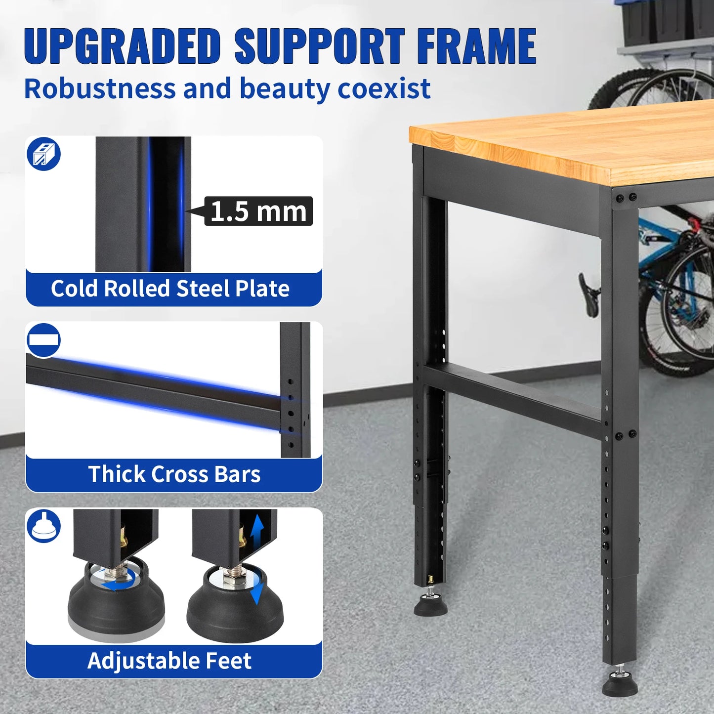 Heavy Duty Adjustable Height Woodworking Workbench With Oak Wood Top