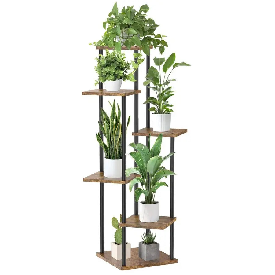 6 Tier Indoor Plant Stand Wood And Metal Shelf Organizer For Narrow Corner