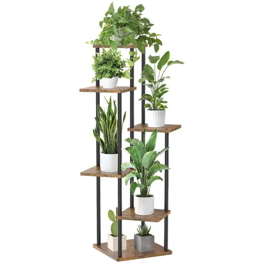 6 Tier Indoor Plant Stand Wood And Metal Shelf Organizer For Narrow Corner