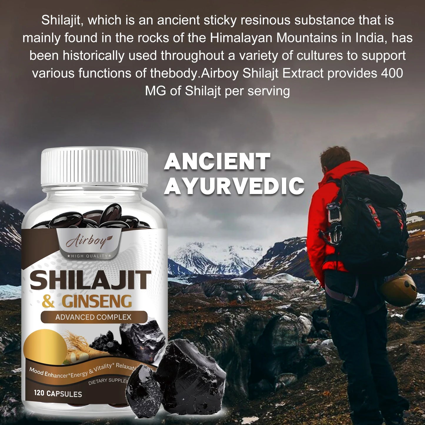 Airboy Shilajit and Ginseng Supplement for Energy and Immunity