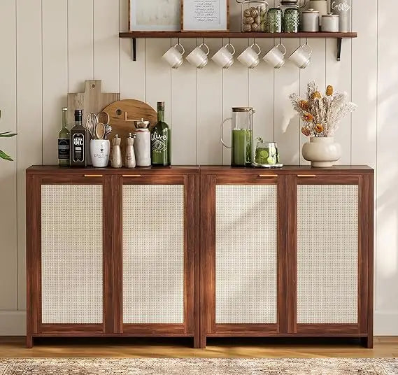 Rattan Storage Sideboard Buffet Cabinet With 4 Doors Farmhouse Console