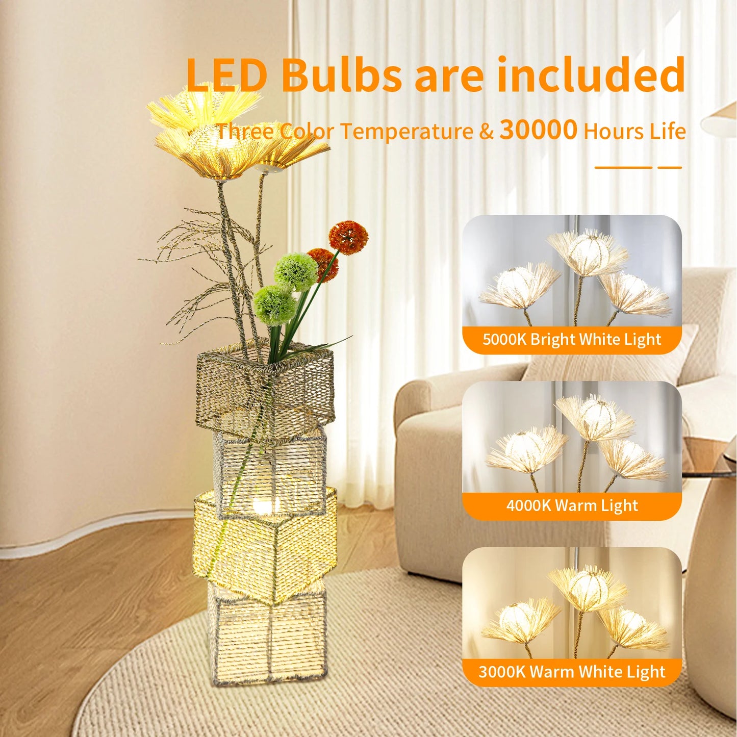 Rattan Floor Lamp Dimmable LED Standing Light For Living Room