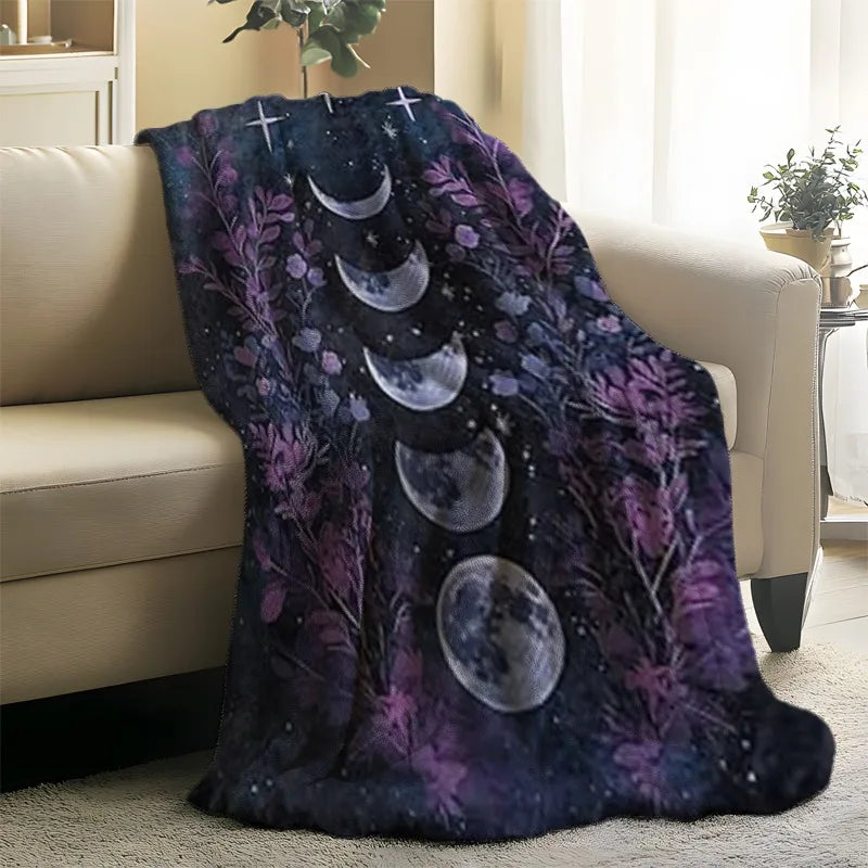 Gothic Moon Phases Throw Blanket - Lightweight Soft Celestial Design for Sofa, Bedroom - Witchy Halloween Gift