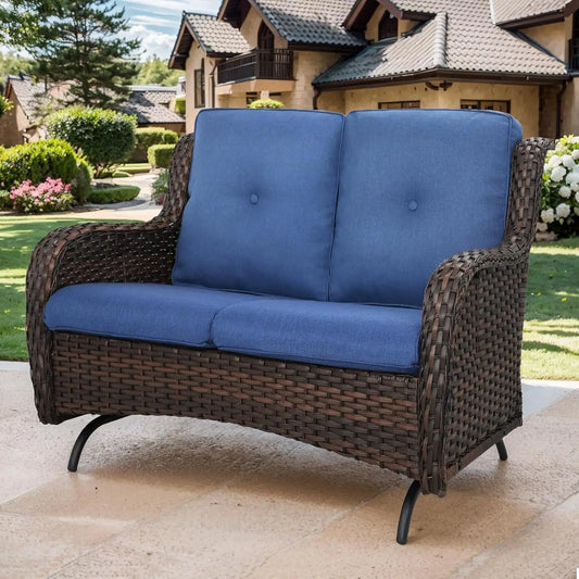 2 Seat Wicker Glider Loveseat Patio Garden Curved Armrests