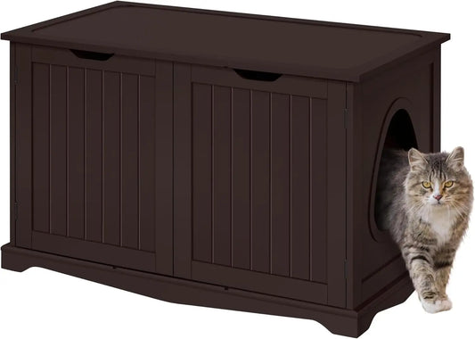 Hidden Cat Litter Box Enclosure, Wooden Pet Cabinet with Divider for Indoor Kitty Washroom Storage Bench in Espresso