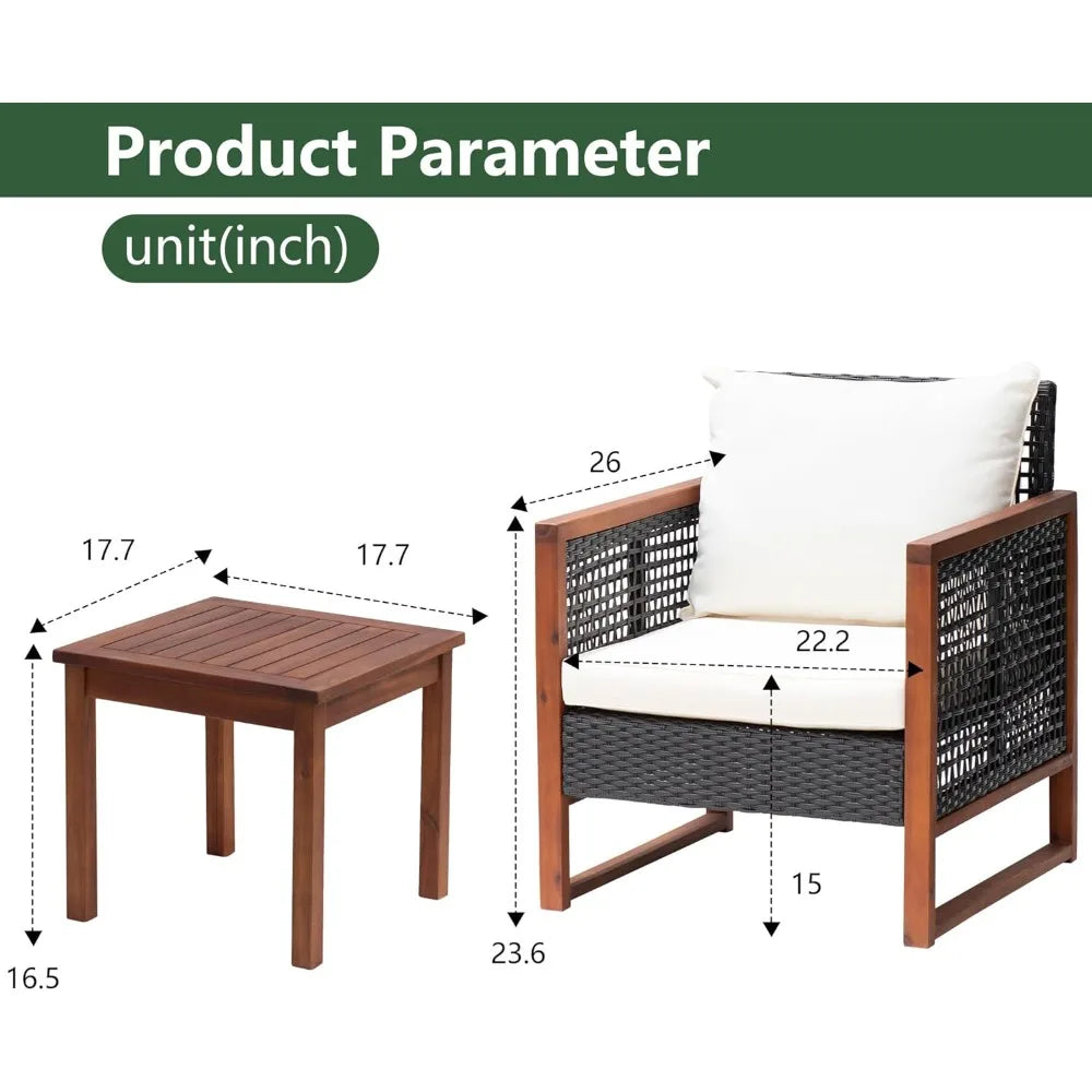 Outdoor Rattan Bistro Set With Acacia Wood Frame And Cushions